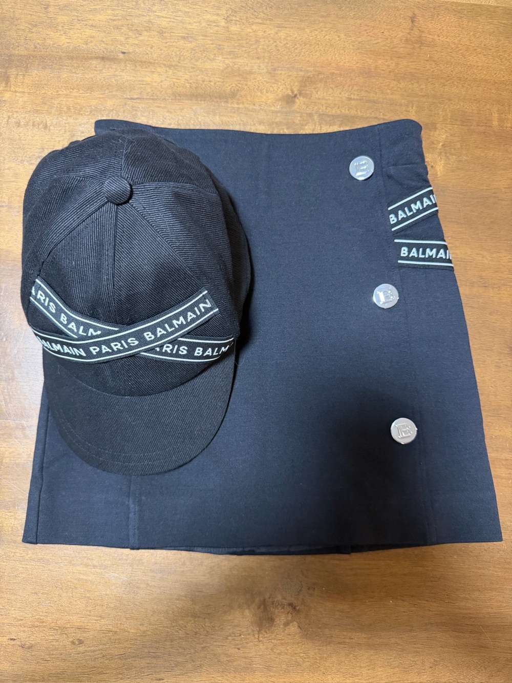 Balmain Black Logo-Trim Mini Skirt and cap bundle